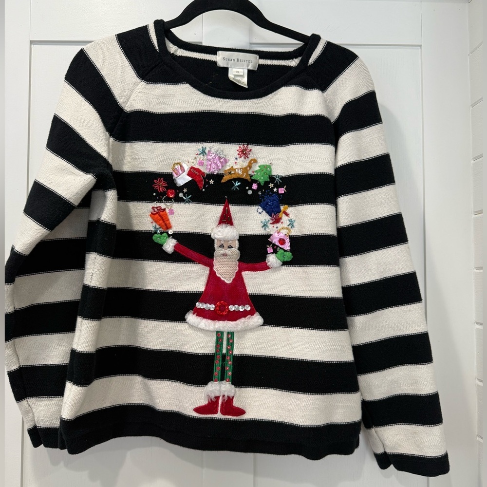 Susan Bristol‎ Black and Cream Striped Sweater with Festive Santa